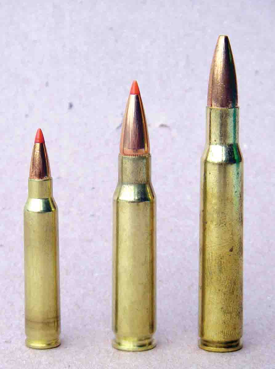 The .308 Winchester (center), .223 Remington (left) and the .30-06 (right) all started out as military cartridges and gained wide acceptance for civilian use.